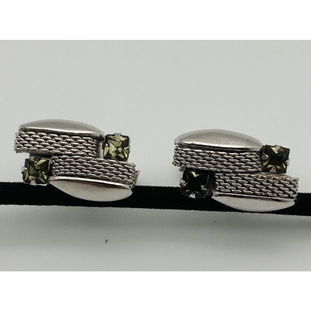 Vintage Swank Smokey Rhinestone Cufflinks Silver Tone Contrast Texture Signed